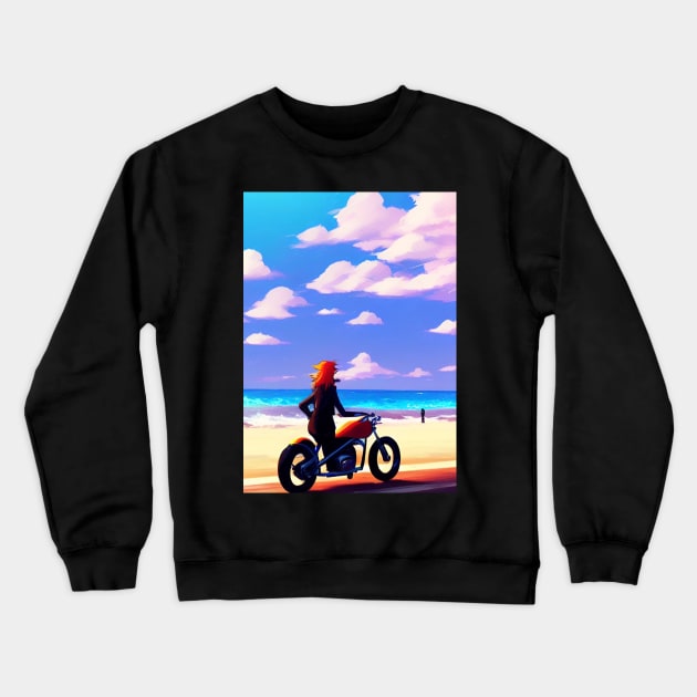 COOL RED HEADED GIRL ON BEACH WITH MOTORCYCLE RETRO Crewneck Sweatshirt by sailorsam1805